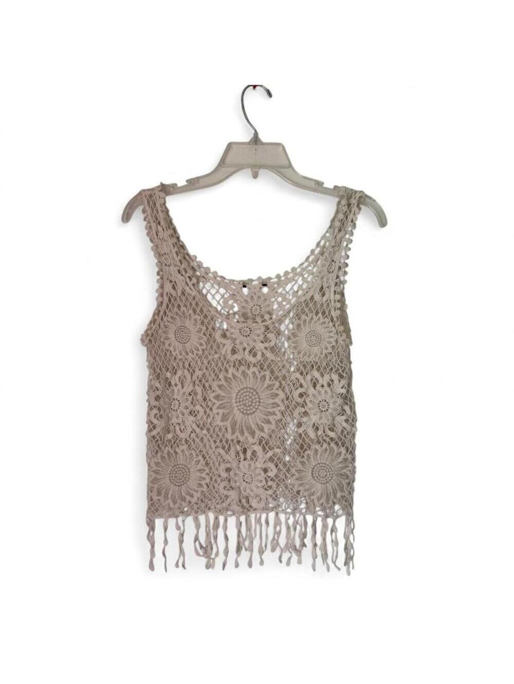 Beige/white crochet tank top with fringe SMALL